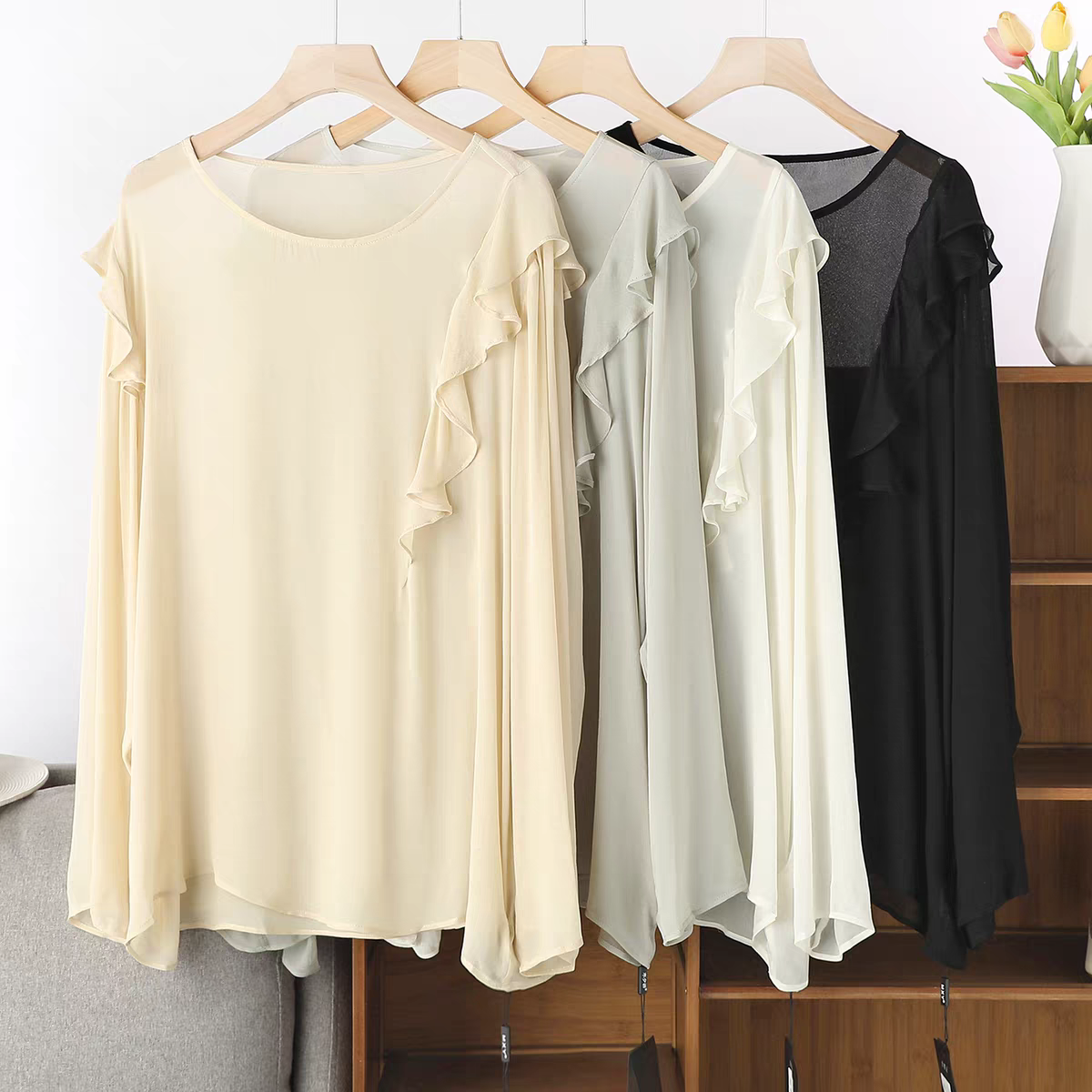 Summer Clothing For Plus Size Women - French Elegant Long Sleeve Ruffle Shirt
