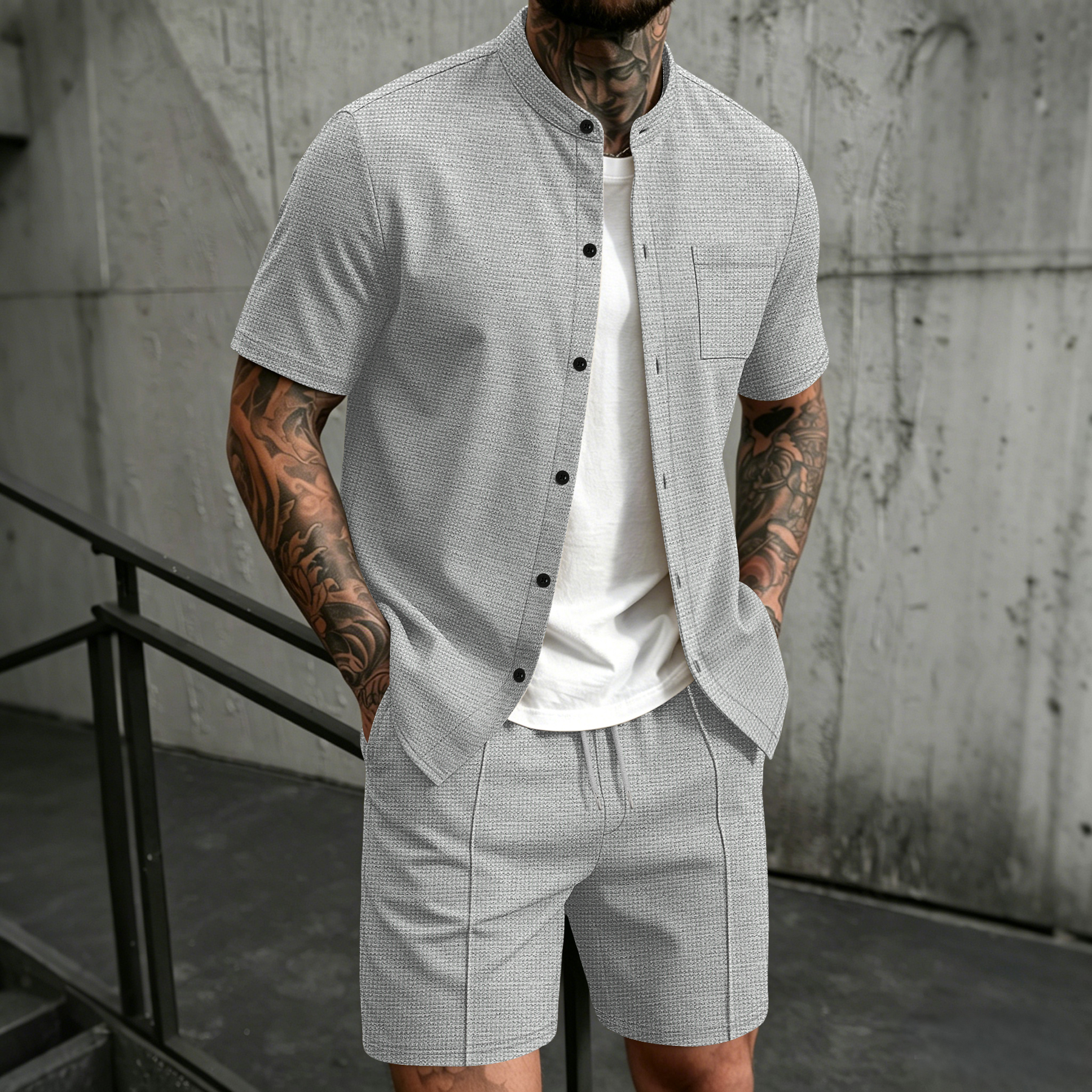 Summer Clothing Essentials - Men's 2 Piece Outfit, Stand Collar