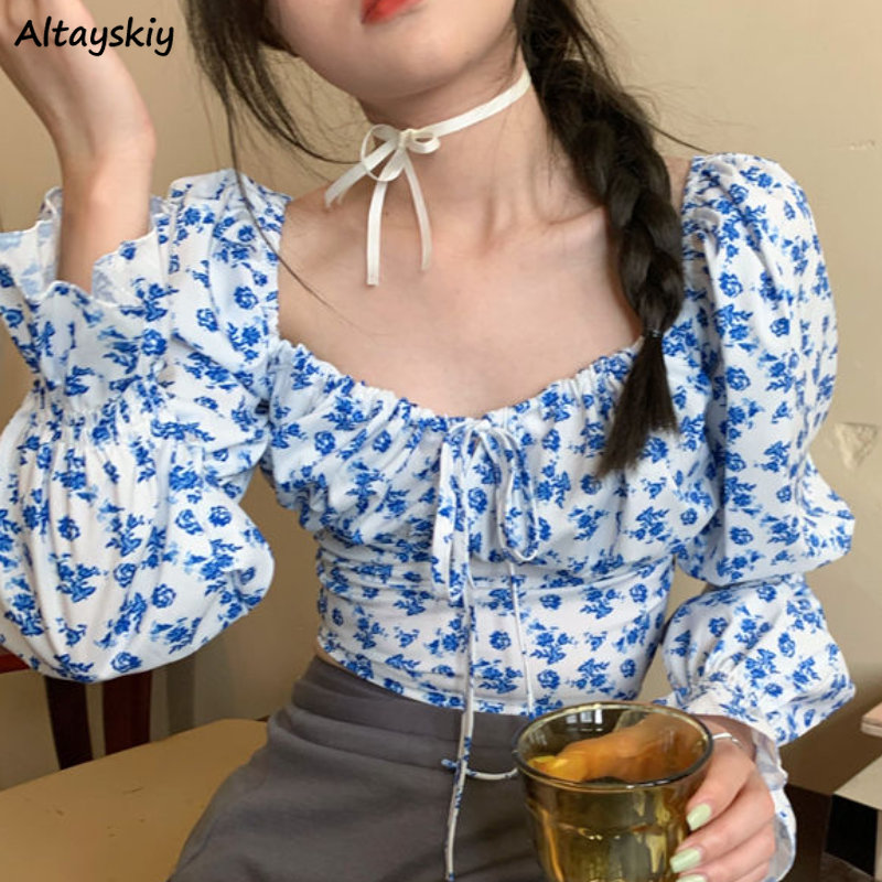 Floral Blouses Women Puff Slee - Crop Blouse Linen avis et prix