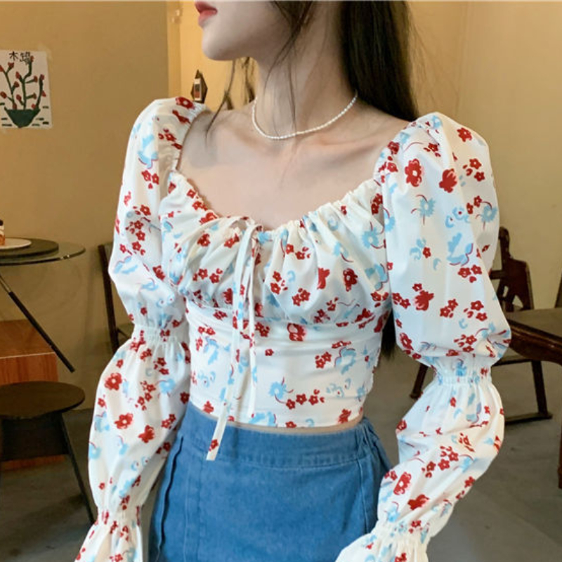 Floral Blouses Women Puff Slee - Crop Blouse Linen avis et prix