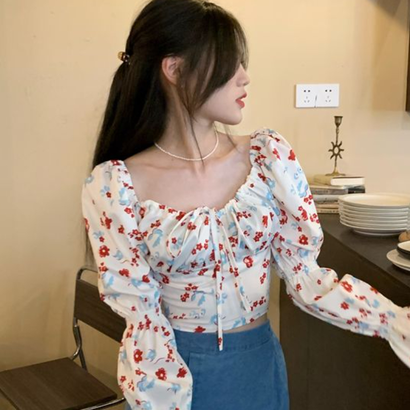 Floral Blouses Women Puff Slee - Crop Blouse Linen avis et prix