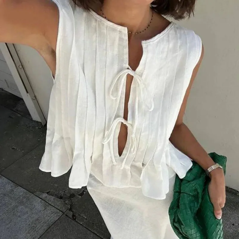 Linen Cotton Pleated Lace Up S - Crop Blouse Linen avis et prix