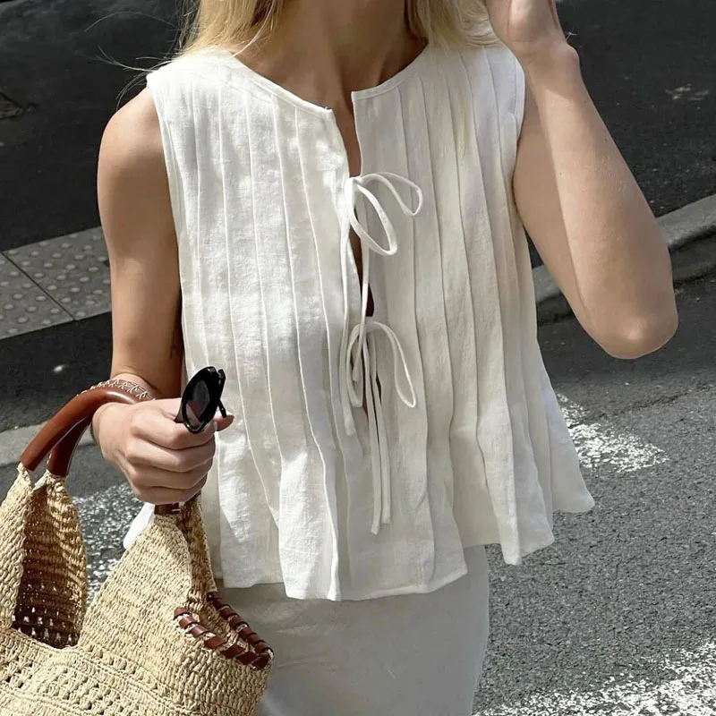 Linen Cotton Pleated Lace Up S - Crop Blouse Linen avis et prix