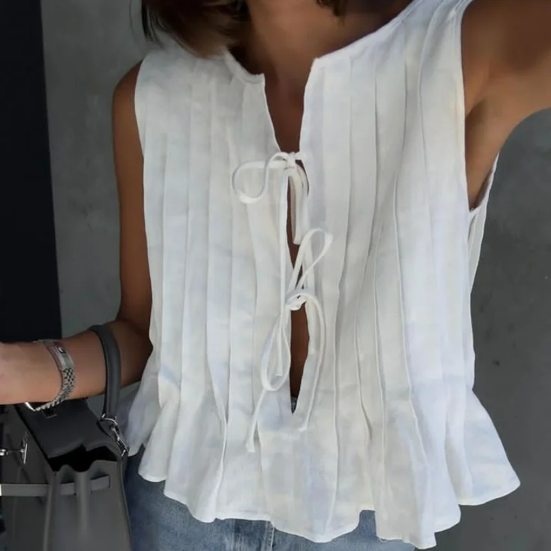 Linen Cotton Pleated Lace Up S - Crop Blouse Linen avis et prix