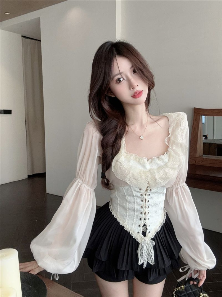 Solid Blouse Women Lace-up Cro - Crop Blouse Linen avis et prix