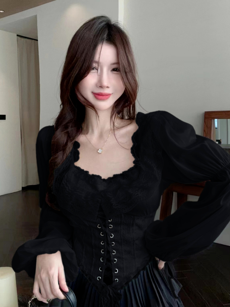 Solid Blouse Women Lace-up Cro - Crop Blouse Linen avis et prix