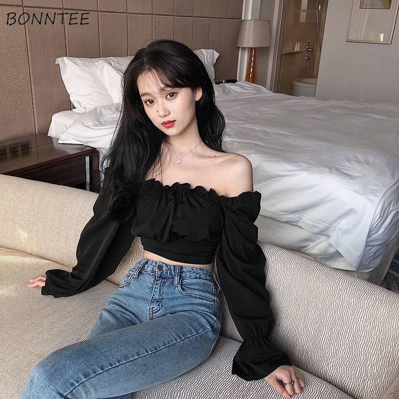 Blouses Women Black Puff Sleev - Crop Blouse Linen avis et prix