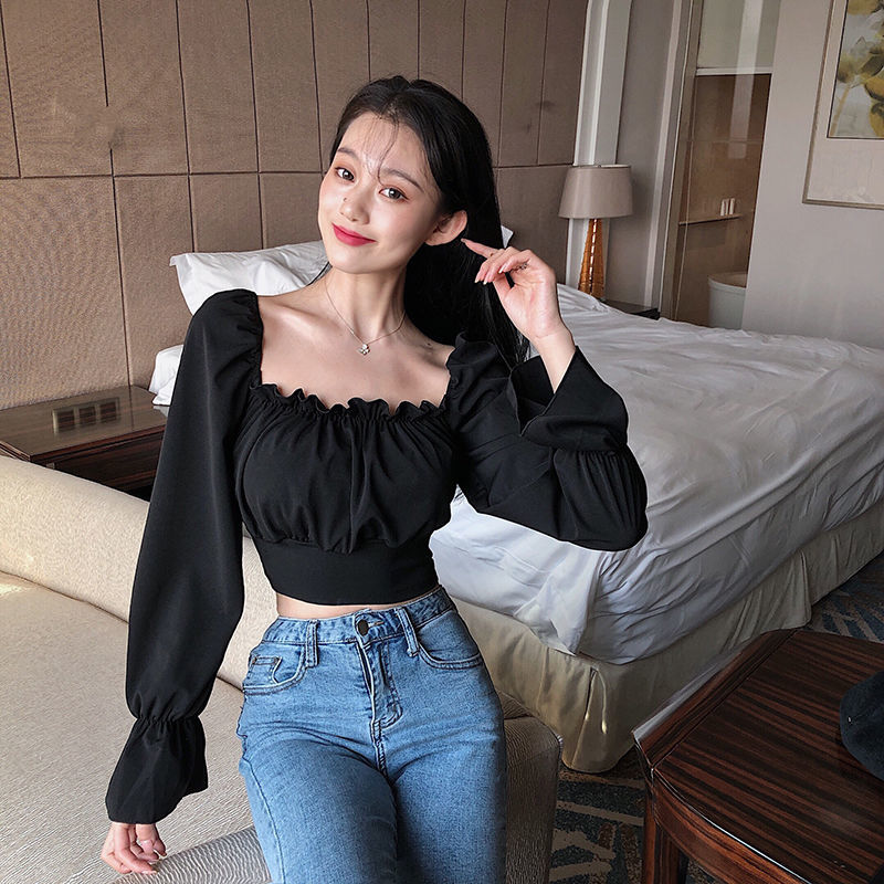 Blouses Women Black Puff Sleev - Crop Blouse Linen avis et prix