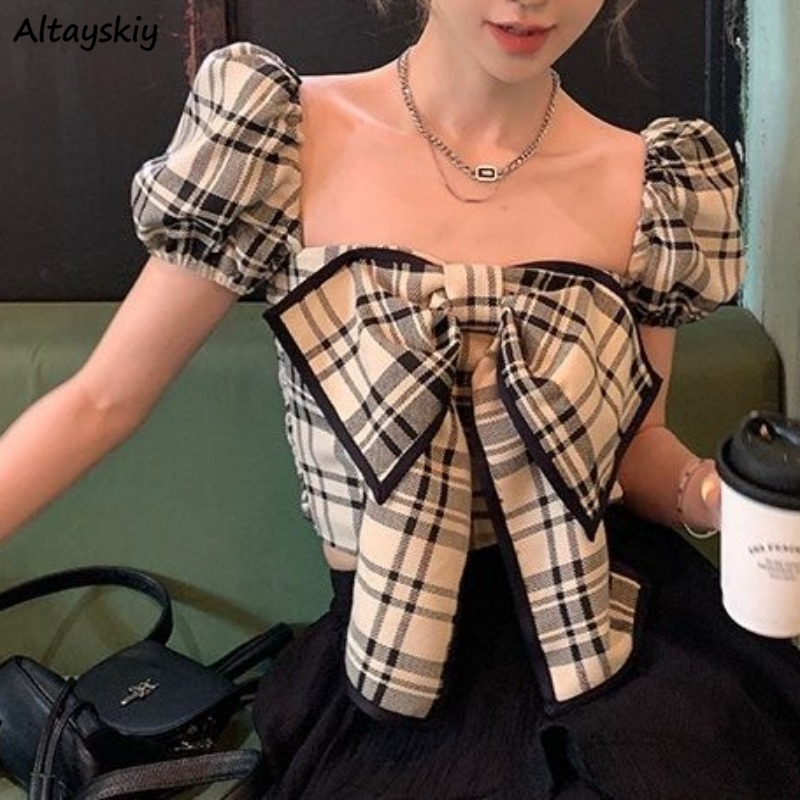 Plaid Blouses Women Y2k Summer - Crop Blouse Linen avis et prix