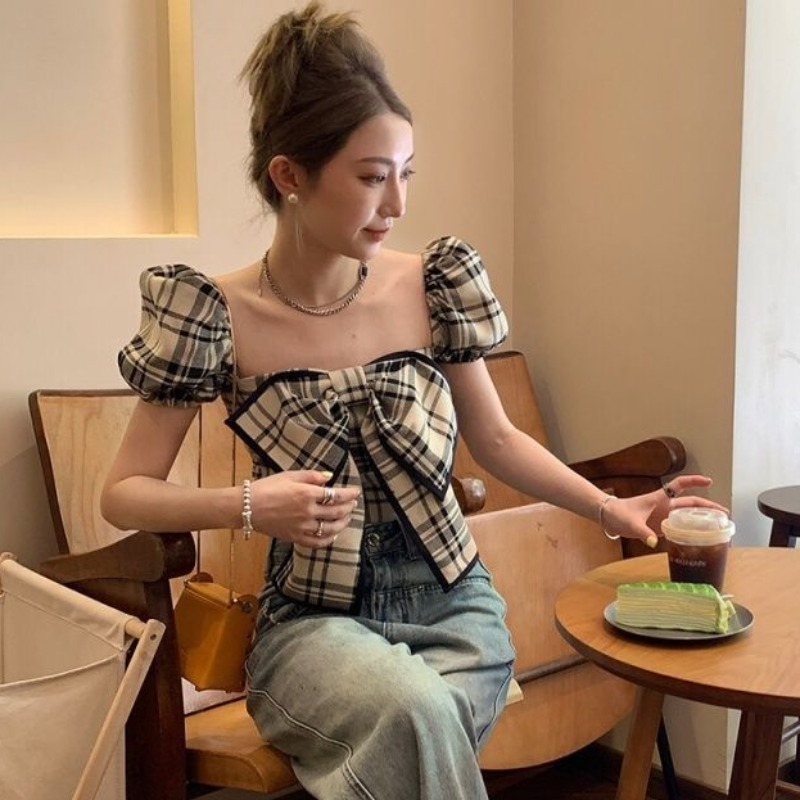 Plaid Blouses Women Y2k Summer - Crop Blouse Linen avis et prix