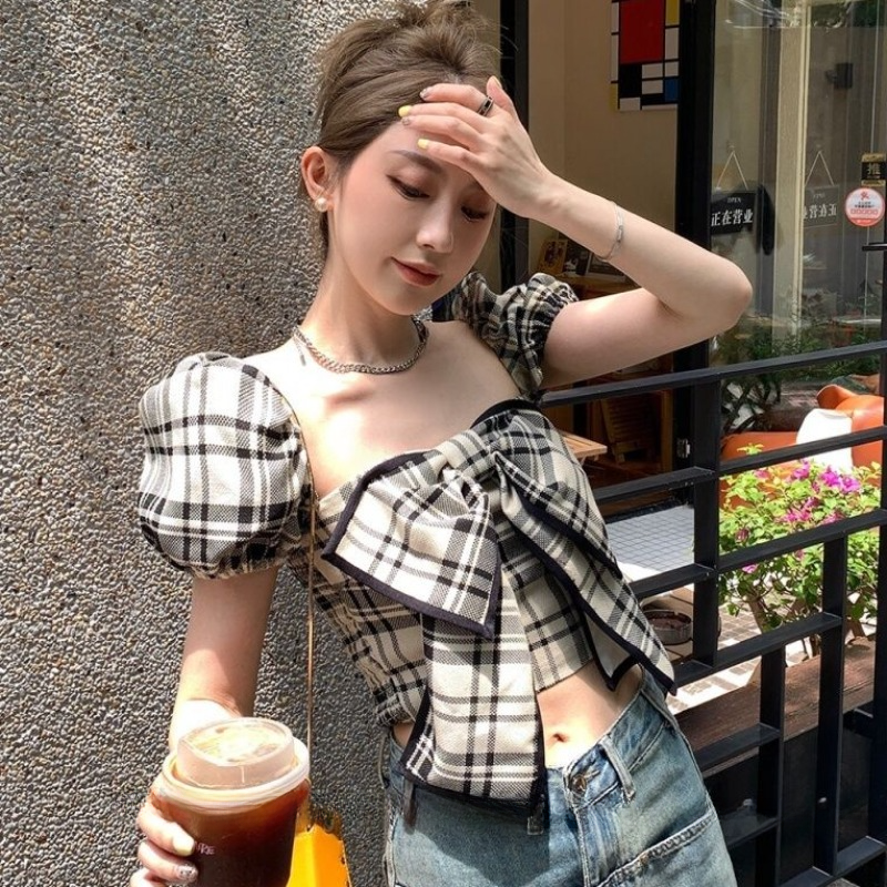 Plaid Blouses Women Y2k Summer - Crop Blouse Linen avis et prix