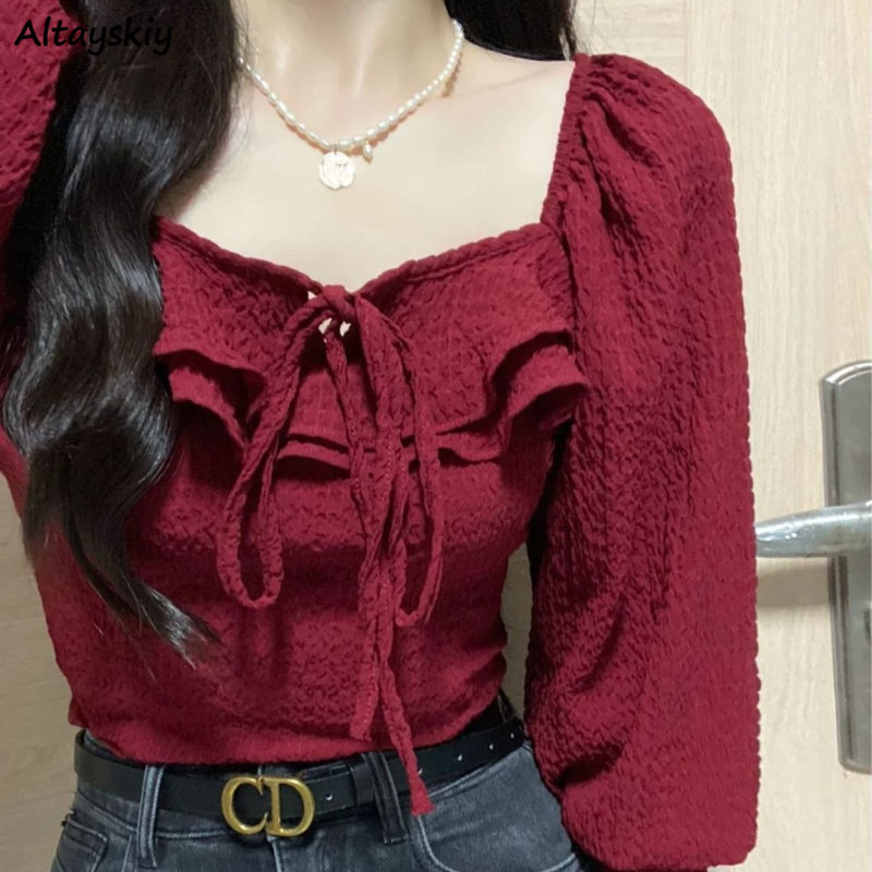 Red Blouses Lace Up Casual Vin - Crop Blouse Linen avis et prix
