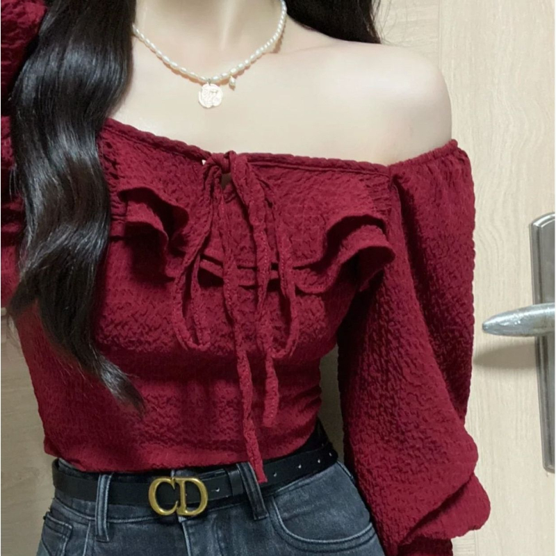 Red Blouses Lace Up Casual Vin - Crop Blouse Linen avis et prix
