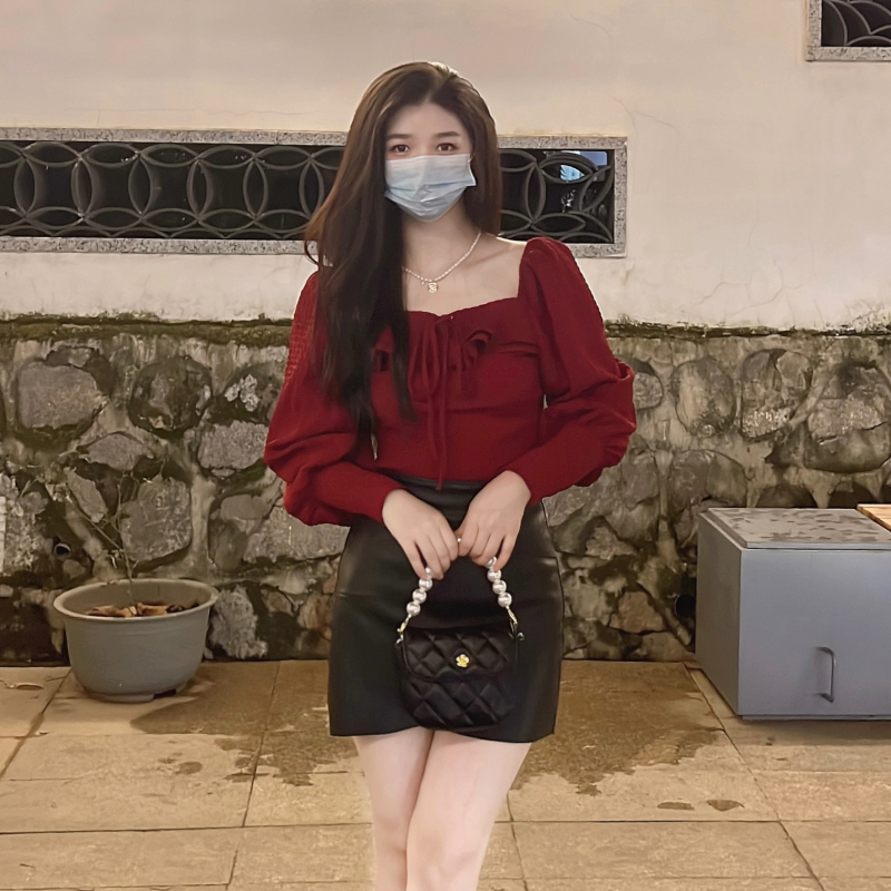 Red Blouses Lace Up Casual Vin - Crop Blouse Linen avis et prix